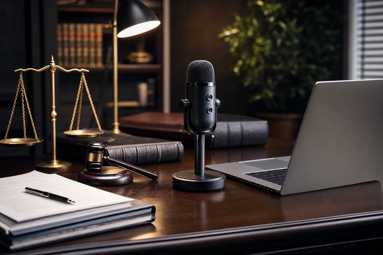 Legal dictation software — professional desk with documents and microphone