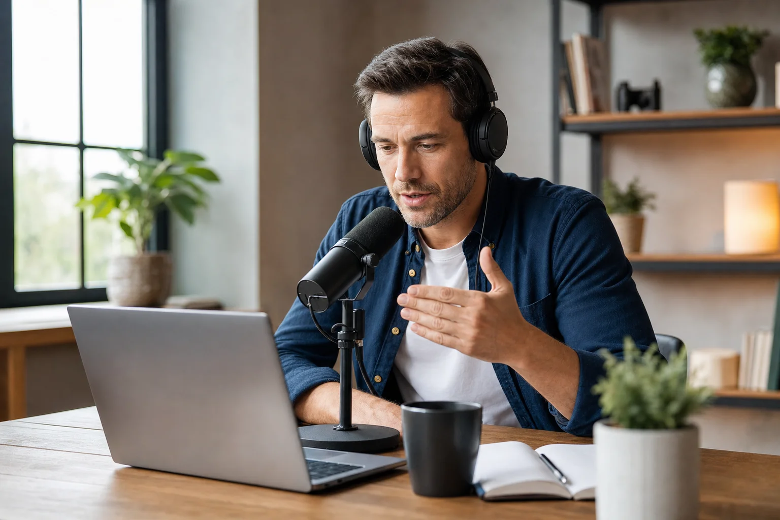Voice dictation for email — professional speaking into microphone at desk