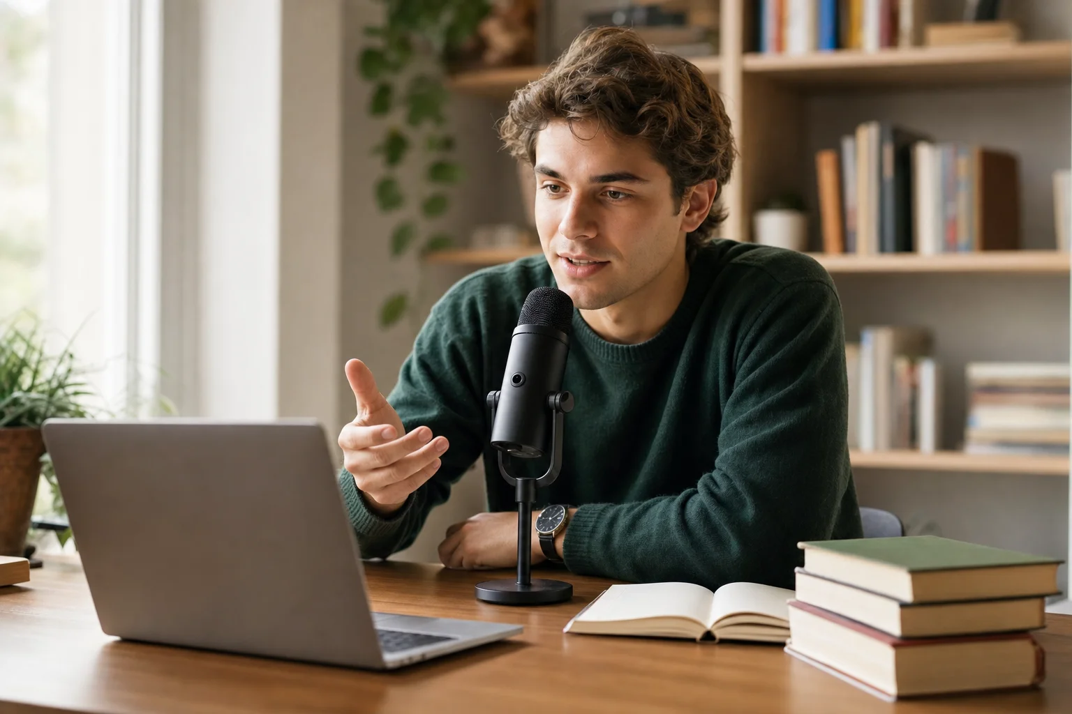 Voice dictation for students — student at desk with microphone and laptop